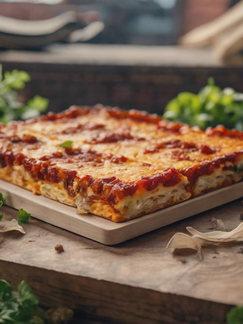 A famous Detroit-style pizza topped with caramelized cheese and ingredients signifying Michigan's agricultural bounty.