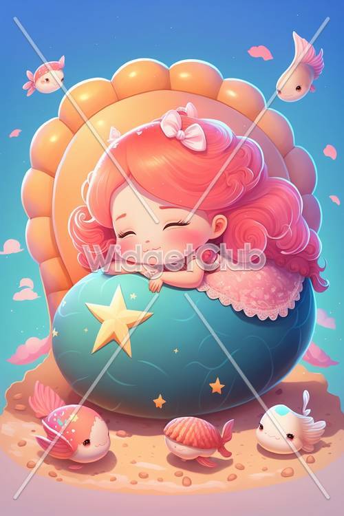 Chica soñadora de pelo rosa abrazando una bola de estrellas
