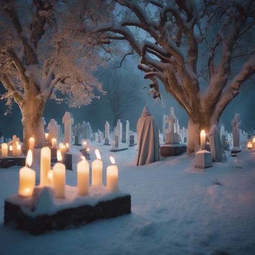 두건을 쓴 인물들이 서리 덮인 묘비 사이에서 촛불을 켜고 크리스마스 철야 기도를 하고 있는 묘지입니다.
