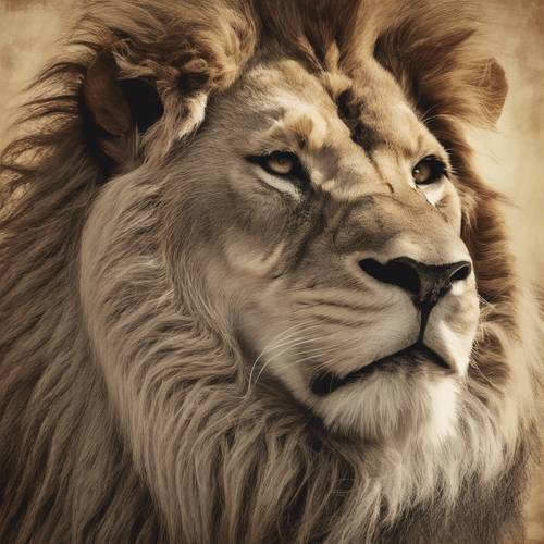 Una litografía antigua de un león en tonos siena, con intrincados detalles en su melena.