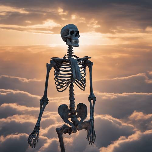 Ethereal skeleton materializing amidst clouds in a heavenly setting, backlit by a sunset.