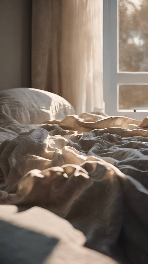 Early dawn breaks, casting gentle shadows on a linen cloaked unmade bed.
