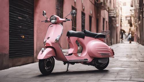 A millennial pink Vespa parked in a stylish urban alley.