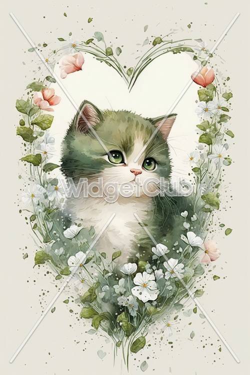 Niedliches grünäugiges Kätzchen, umgeben von Blumen