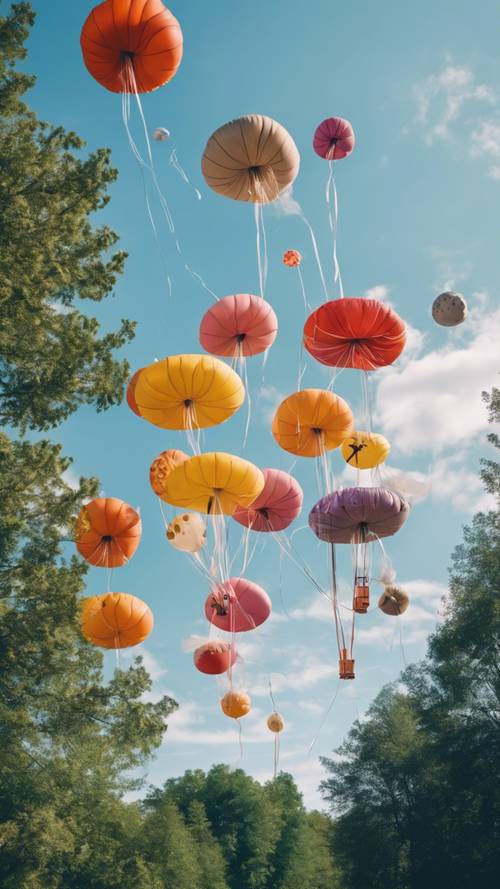 Zbiór czarujących, wypełnionych helem balonów w kształcie grzybów, unoszących się na tle czystego, błękitnego nieba.