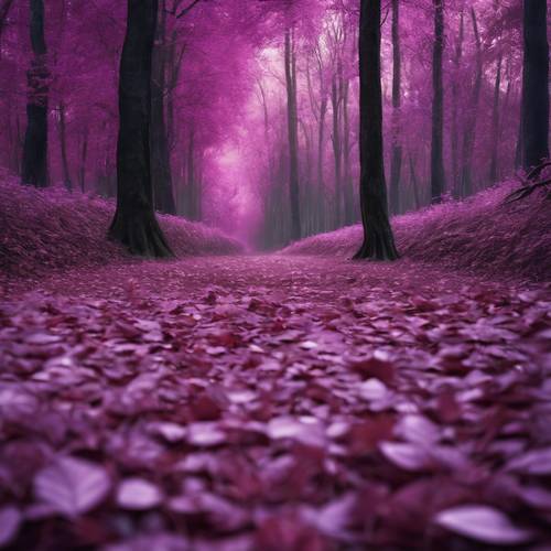 A photorealistic scene of a forest path blanketed in purple leaves. Tapeta [e829f1d2937a481ca598]