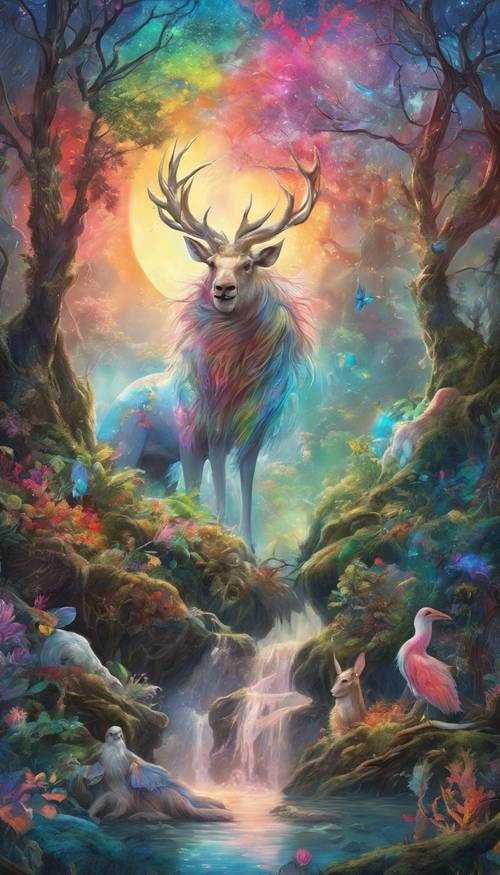A vibrant forest teeming with mythical creatures beneath a rainbow-colored moon.