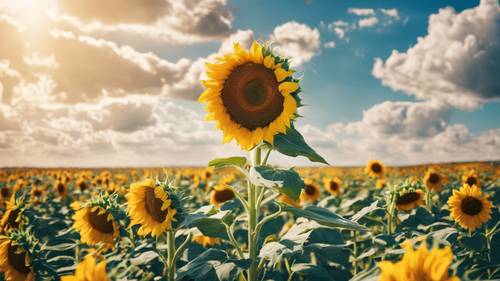 Un champ de tournesols en fleurs sous un ciel bleu vif, avec « J&#39;incarne la joie » écrit dans les nuages.