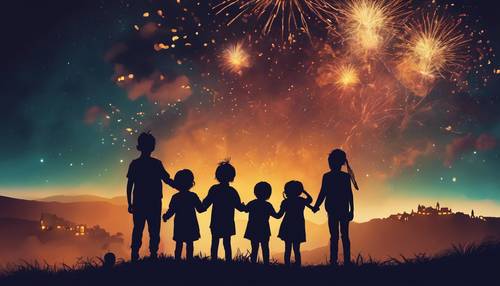 A mesmerizing night sky lit with fireworks in Halloween hues, with children's silhouettes marvelling at the spectacle from a hilltop.