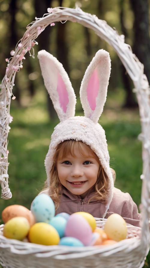 一个戴着兔耳朵的孩子，兴奋地看着装饰精美的复活节篮子。