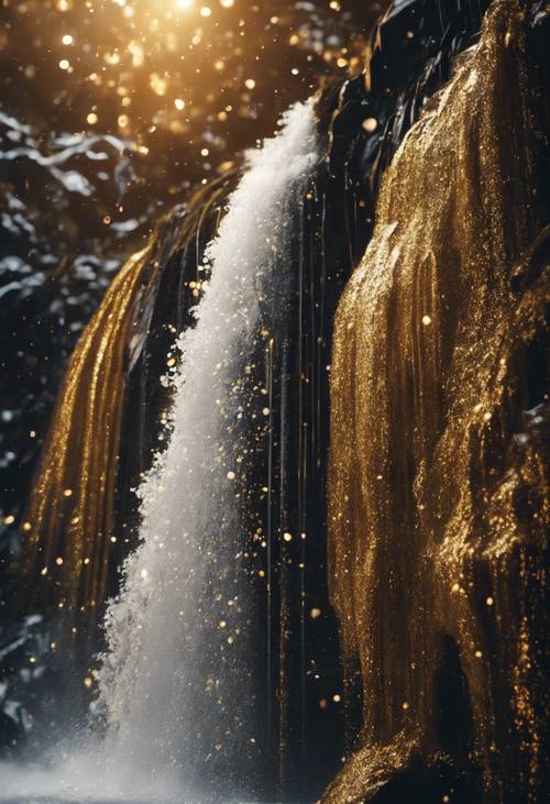 瀑布倾泻而下，闪闪发亮的黑色和金色