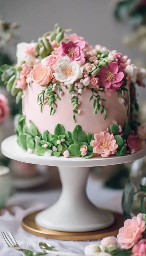 Um bolo floral rosa e branco decorado com flores de açúcar comestíveis e detalhes em folhas verdes para uma festa no jardim.