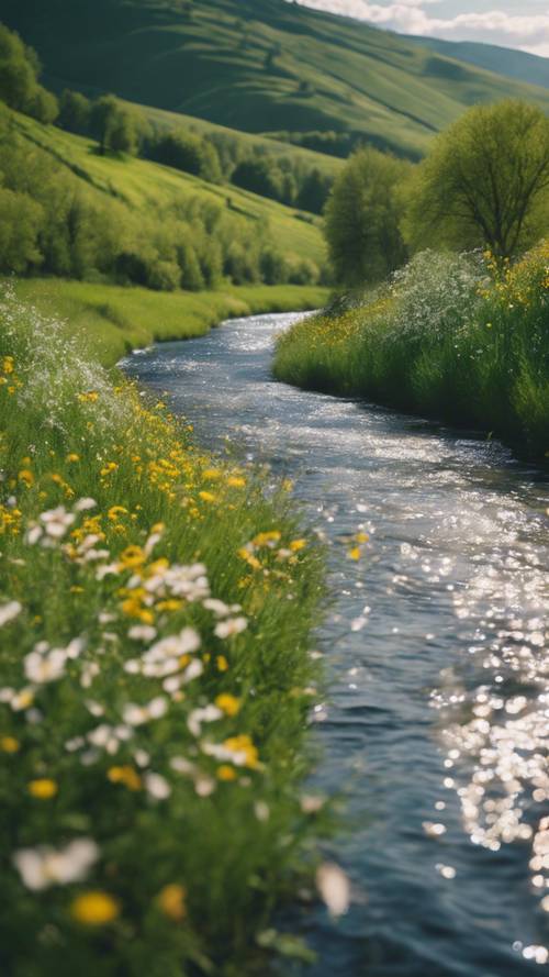 Um rio nos braços da primavera, cercado por prados verdes pontilhados de flores silvestres.