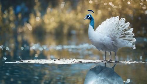 Ein weißer Pfau läuft ruhig neben einem glitzernd blauen Fluss, sein Spiegelbild spiegelt sich auf der Wasseroberfläche.