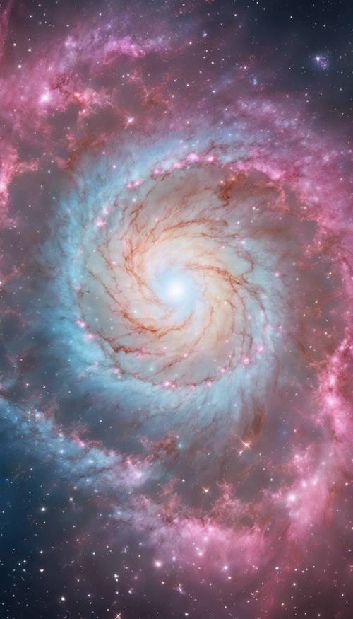 A pastel colored galaxy, with swirls of pink, blue and yellow nebula in the night sky.
