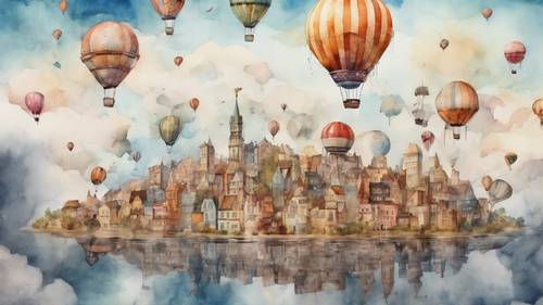 Fantazyjna akwarela przedstawiająca unoszące się w chmurach miasto z balonami na ogrzane powietrze.