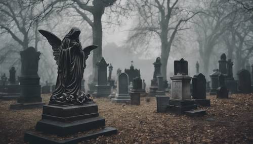 Ein düsterer Friedhof mit unheimlichen Statuen, Nebel und gotischen Engelsgrabsteinen.