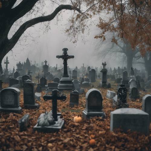 Un cementerio gótico envuelto en niebla con decoraciones de Halloween