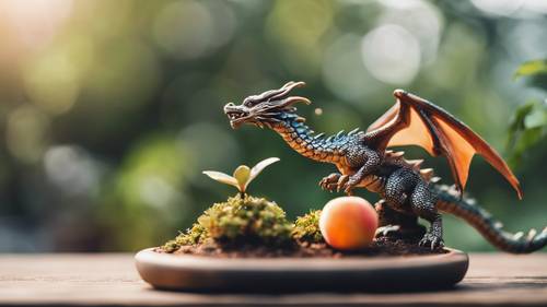 Un drago in miniatura che prende una piccola pesca da un albero bonsai.