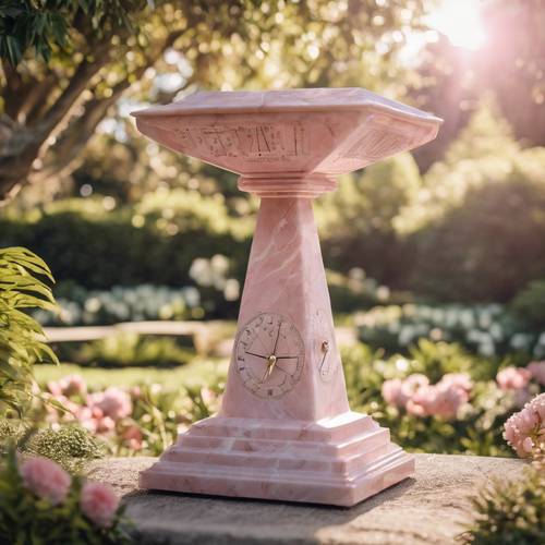 Một chiếc đồng hồ mặt trời bằng đá cẩm thạch màu hồng nhạt trong một khu vườn yên bình.