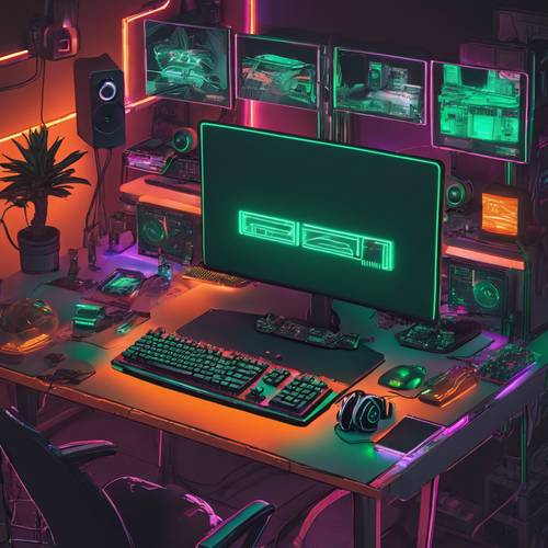 Eine Draufsicht auf einen modernen Gaming-Schreibtisch mit grünen LED-Leuchten und orangefarbenen Gaming-Peripheriegeräten.