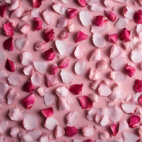 질감 있는 분홍색 대리석 바닥에 로맨틱한 장미 꽃잎이 있습니다.