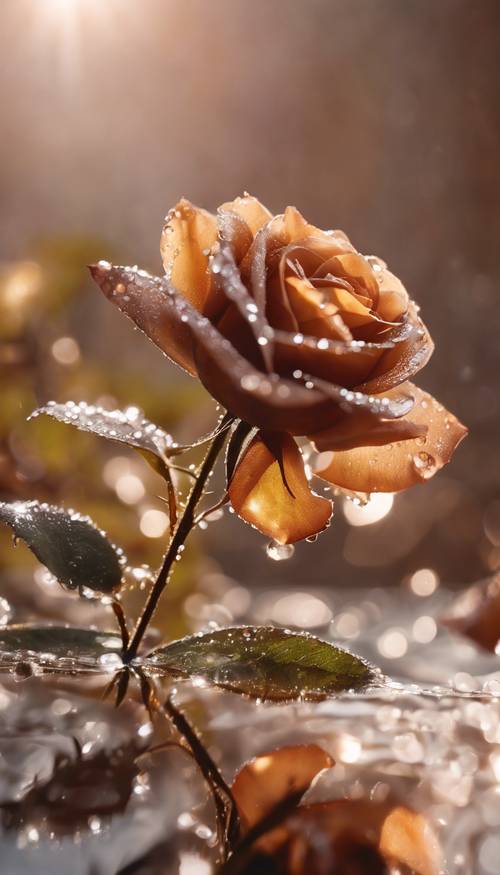 一幅生動的畫作，棕色玫瑰上的露珠反射著早晨的陽光。