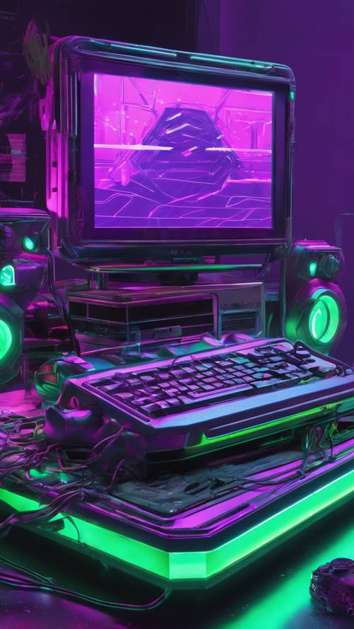 紫色和绿色的游戏机，背景有激光秀。