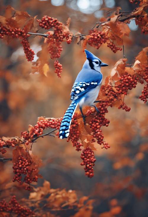 A blue jay picking berries in a richly coloured autumn forest.