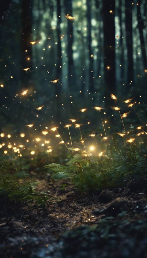 Une forêt tranquille baignée de clair de lune, où dansent des lucioles lumineuses.