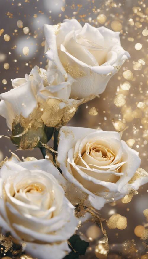 Ein Strauß weißer Rosen, deren Blütenblätter mit Goldstaub bestreut sind.