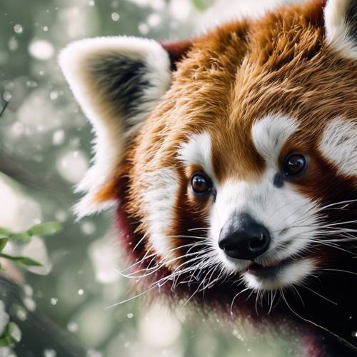 Close-up mutlak yang memperlihatkan detail rumit wajah panda merah.