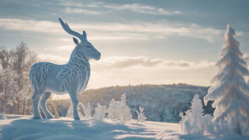 A frosty winter scene with a Capricorn carved out of snow.