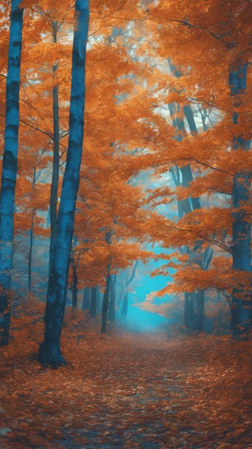A lush blue forest under orange autumn leaves falling gently.