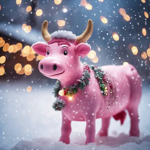 Uma vaca rosa decorada com luzes de Natal em pé sob uma suave neve.