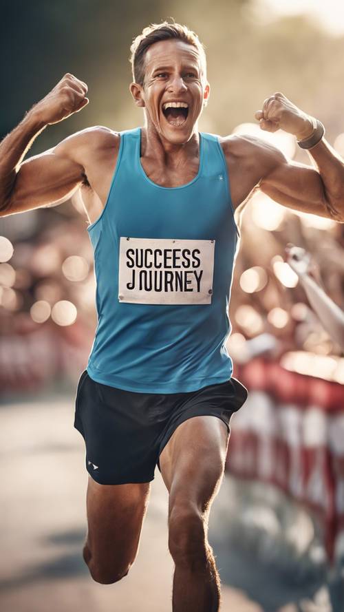 A happy runner crossing the finish line, arms up in victory, with the phrase 'Success is a journey, not a destination'