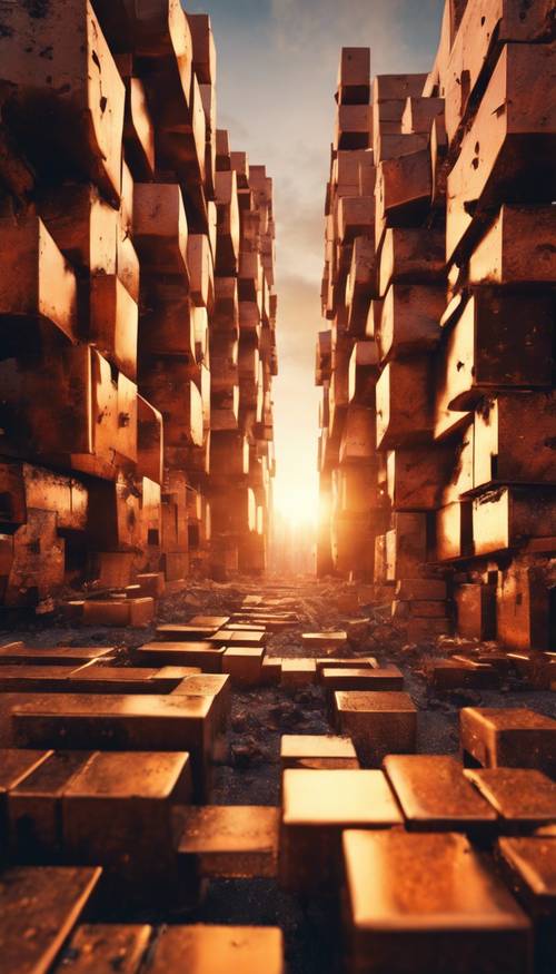 An abstract industrial city landscape made from rusted, rough metallic geometric blocks capturing the sunset. Tapeet [b84f1ac9451a4055a699]