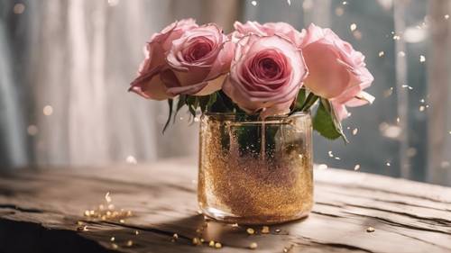ורדים ורודים עם נתזי זהב באגרטל שקוף על שולחן עץ כפרי.