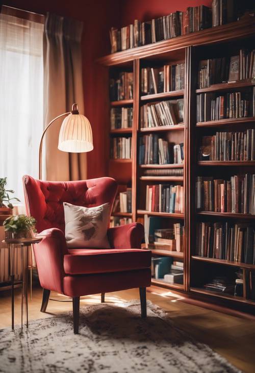 Przytulna biblioteka domowa z jasnoczerwonym krzesłem do czytania w centrum uwagi.