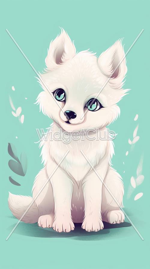 Cute Fluffy White Dog with Blue Eyes on Green Background