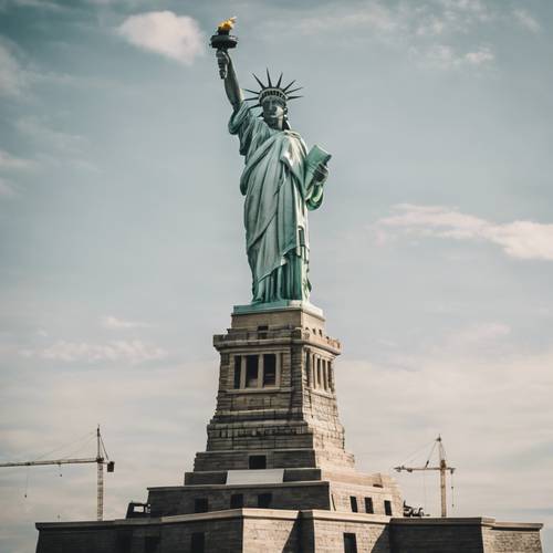 Imagen estilo fotografía vintage de la construcción de la Estatua de la Libertad.