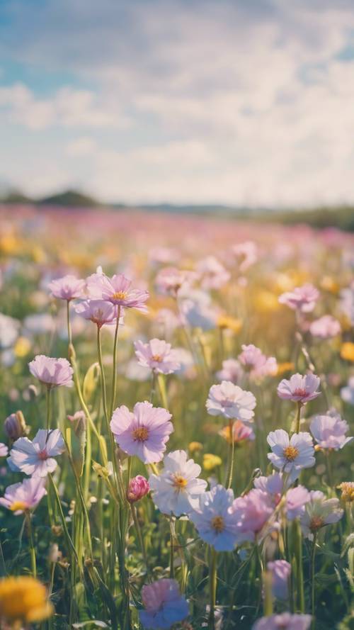 حقل نابض بالحياة مليء بزهور الربيع المتفتحة ذات الألوان الباستيل تحت سماء زرقاء لامعة.