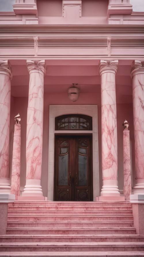Tangga marmer merah muda menuju pintu masuk megah sebuah rumah mewah di bawah sinar bulan yang cerah.