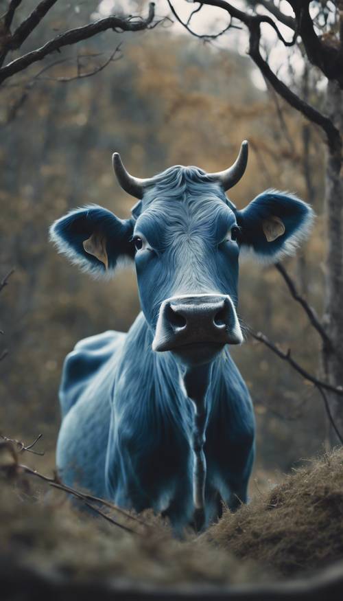 Obraz nawiązujący do melancholijnej narracji, przedstawiający niebieską krowę spoglądającą tęsknie w dal. Tapeta [370612086f2647b5af79]