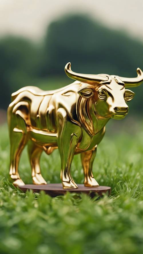 A strong Taurus zodiac sign symbol elegantly carved out of gold, placed on a lush green meadow under a clear daytime sky.