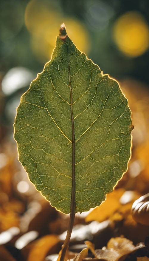 Um close de uma folha verde em transição para dourada durante o outono.