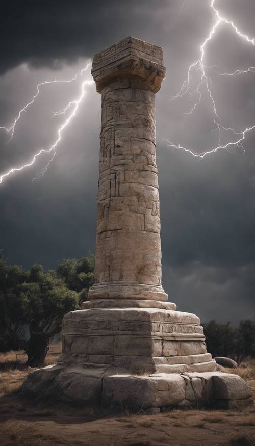 Ein antikes Monument unter flackerndem weißen Blitz.