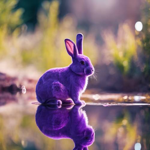 一隻反光的紫色兔子凝視著水晶般清澈的池塘中自己的倒影。