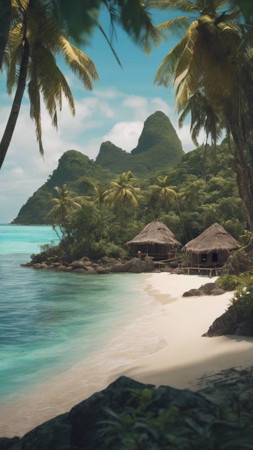 A tropical island inhabited by indigenous tribe, featuring traditional huts and tribal artifacts.