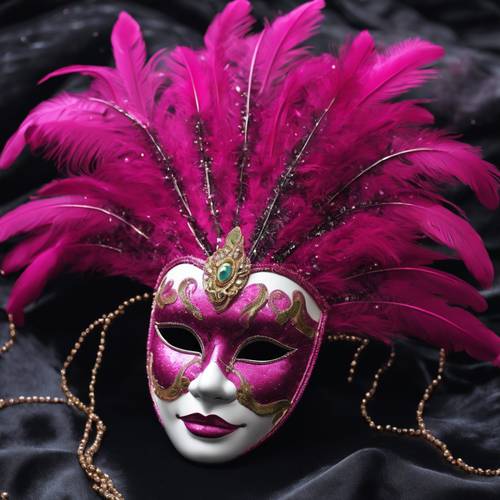 Ciemnoróżowa wenecka maska ​​karnawałowa ozdobiona piórami i cekinami, umieszczona na czarnym aksamitnym materiale.